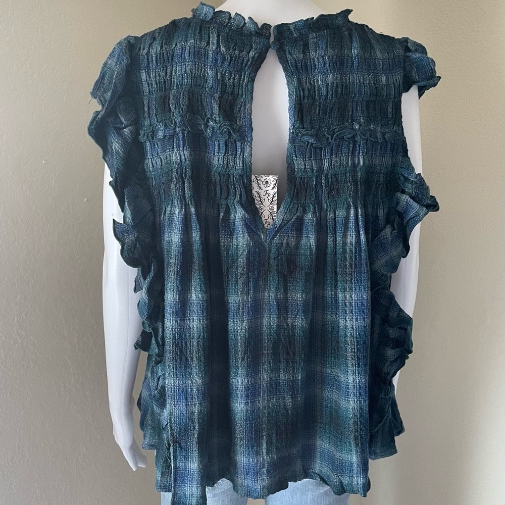 ⭐ Free People Blue Plaid Ruffle Trimmed Short Sleeve Smocked Neckline Blouse XS - Picture 6 of 13